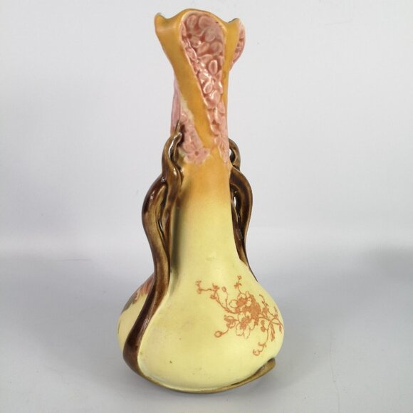 Vintage Miniature Amphora Bud Vase Yellow Pink Brown Floral Teal Inside Boho - Picture 5 of 15